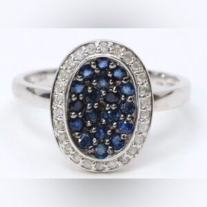 RJM 14K White Gold Diamond & Sapphire Convex Halo Cluster Ring